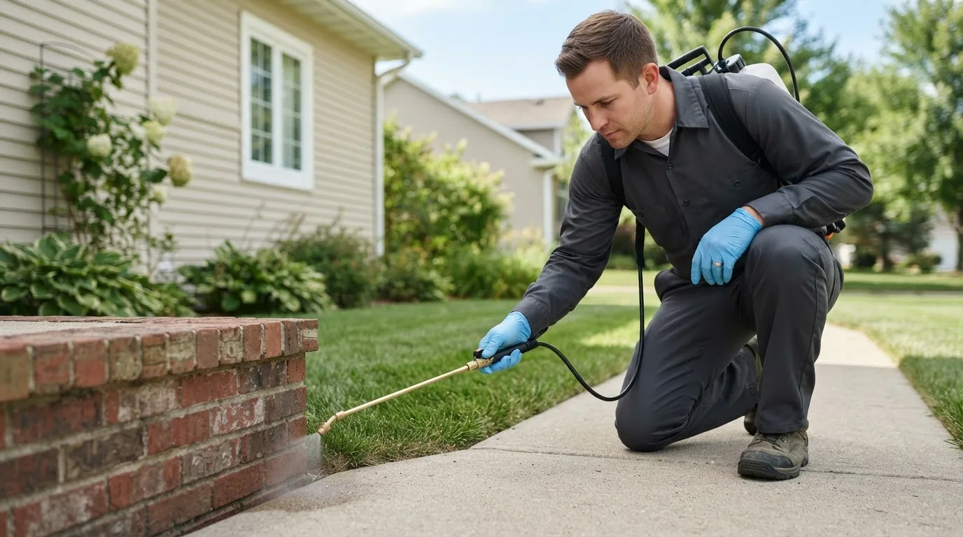 Pest control technician treating a home near Richland Center, WI